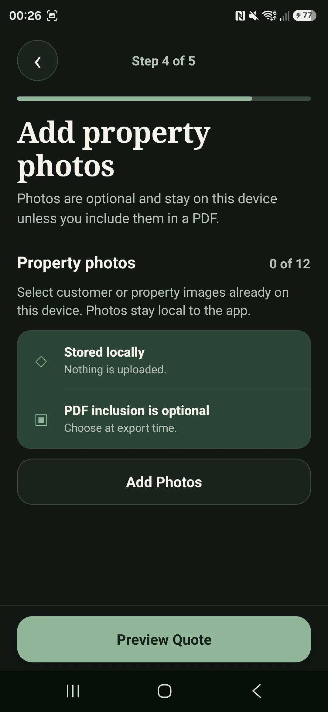 Cleaner Quote Calculator property photos step on Android.