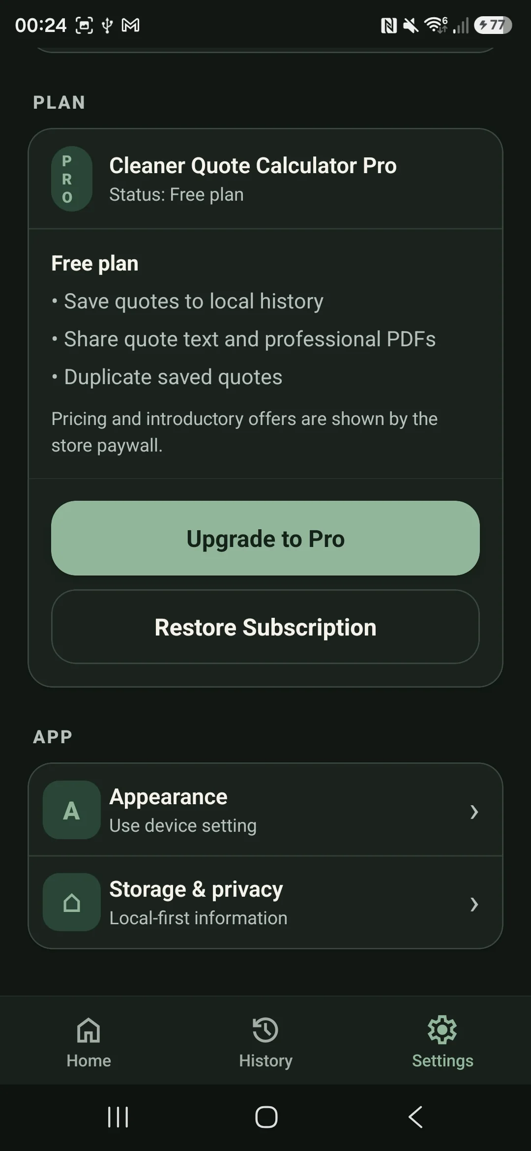 Cleaner Quote Calculator plan and application settings on Android.