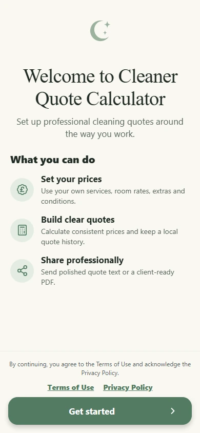 Cleaner Quote Calculator welcome screen showing pricing setup, quote creation and PDF sharing.